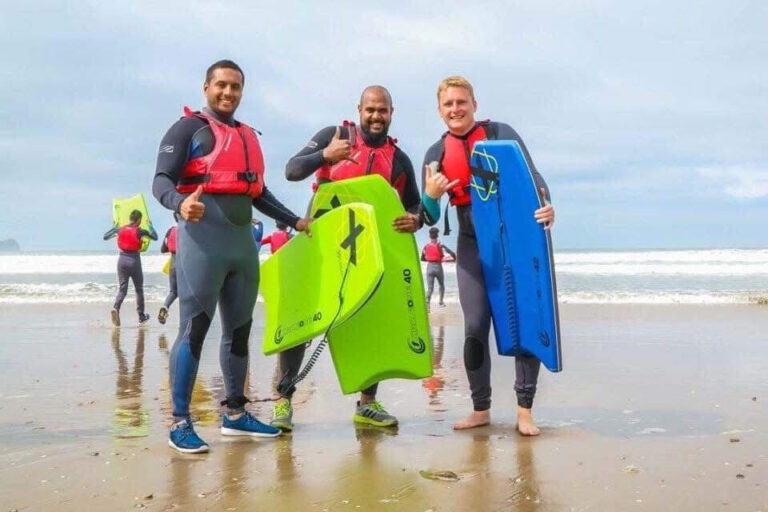 Three men enjoying their stag do adventure in Cardiff